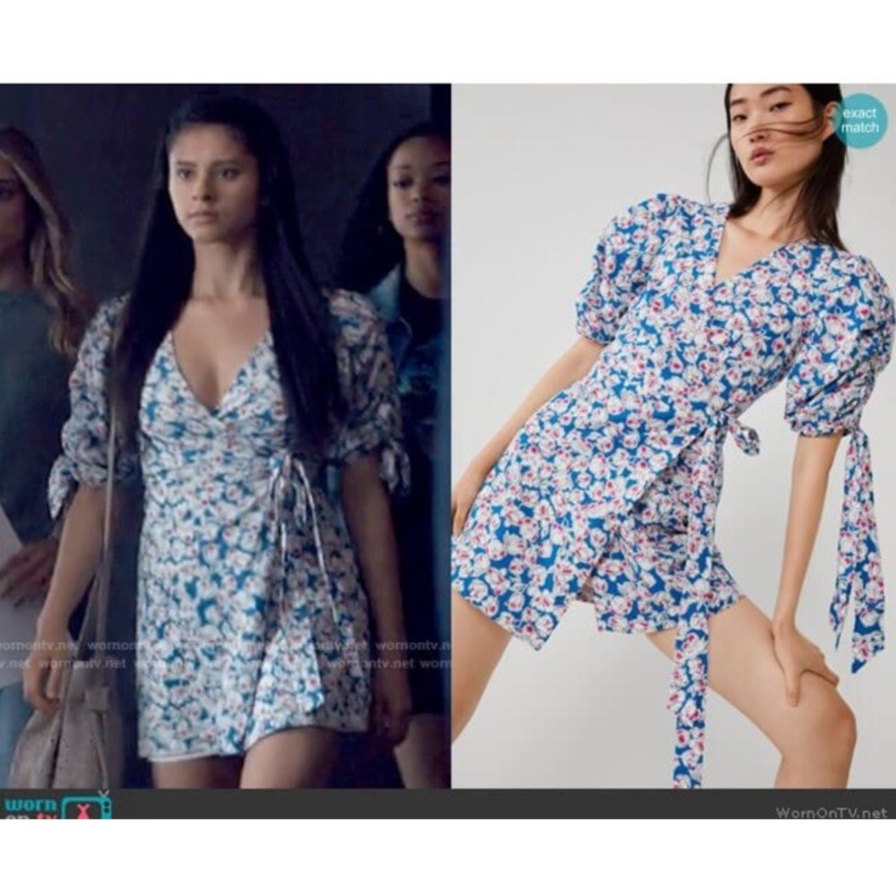 Zara Floral Puff Sleeve Mini Wrap Dress M Blue Cotton V Neck Short Sleeve New
